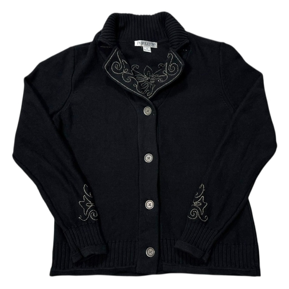 Vtg Pendleton Black Cardigan with‎ Embroidery